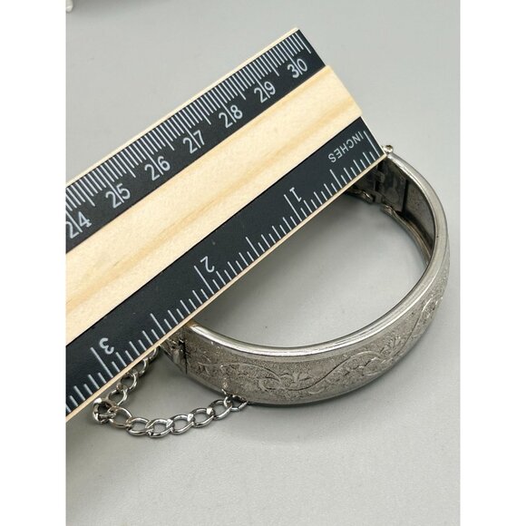 Vintage Ornate Silver Tone Hinged Bangle Bracelet with Safety Chain - Picture 8 of 10